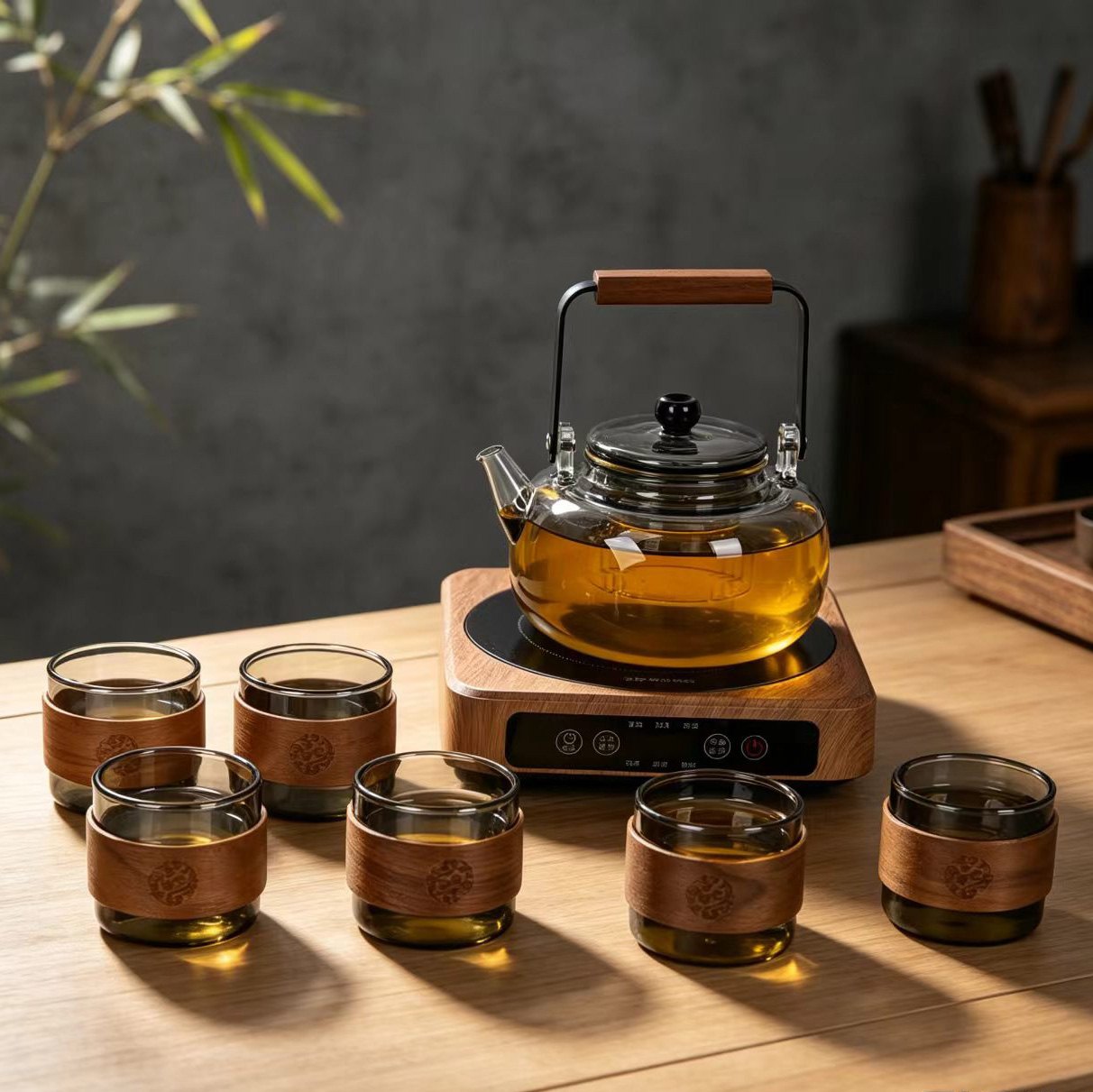 Premium electric tea maker gift set in wooden case